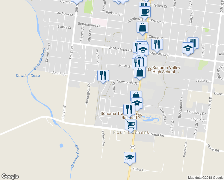 map of restaurants, bars, coffee shops, grocery stores, and more near 1169 Cox Street in Sonoma