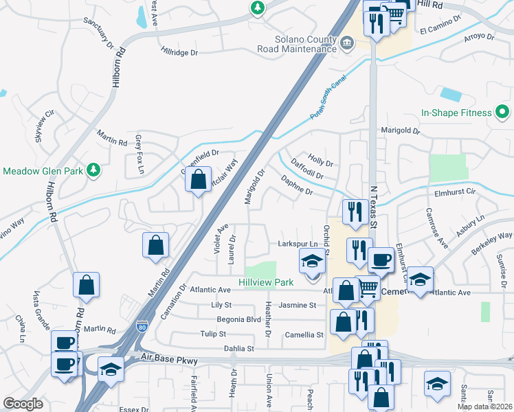 map of restaurants, bars, coffee shops, grocery stores, and more near 398 Honeysuckle Drive in Fairfield