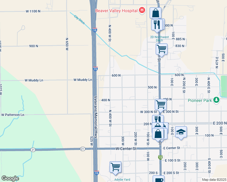 map of restaurants, bars, coffee shops, grocery stores, and more near 401-499 N 400 W St in Beaver