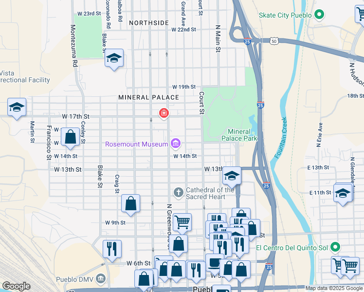 map of restaurants, bars, coffee shops, grocery stores, and more near 419 West 14th Street in Pueblo