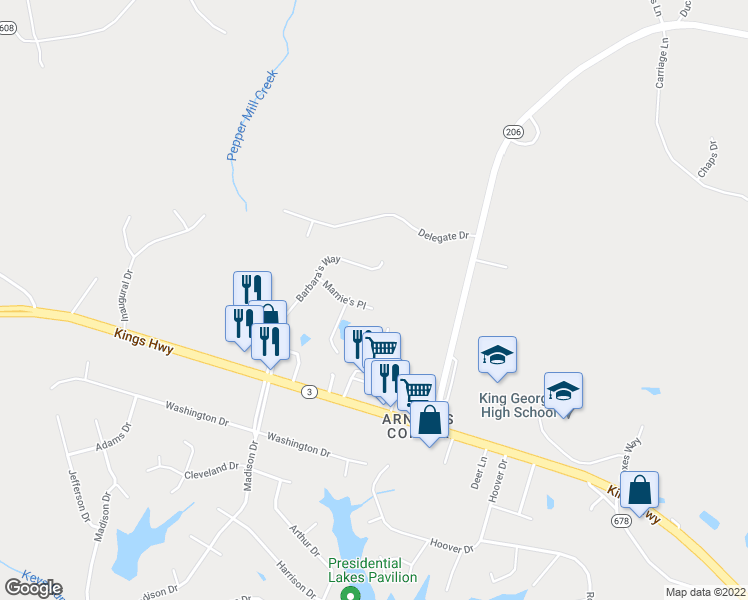 map of restaurants, bars, coffee shops, grocery stores, and more near 8287 Mamie's Place in King George