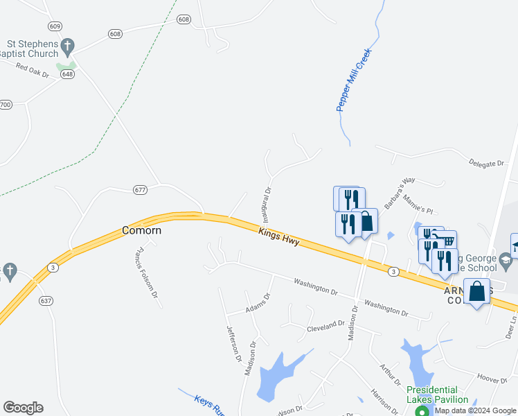 map of restaurants, bars, coffee shops, grocery stores, and more near 9446 Inaugural Drive in King George