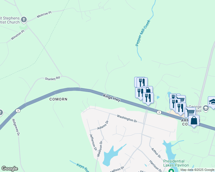 map of restaurants, bars, coffee shops, grocery stores, and more near 9443 Inaugural Drive in King George