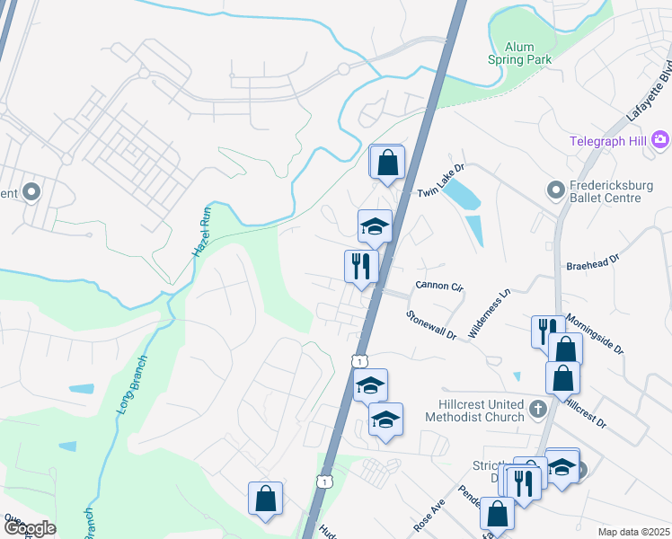 map of restaurants, bars, coffee shops, grocery stores, and more near 2501 Terra Cotta Lane in Fredericksburg