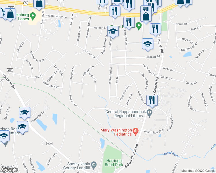 map of restaurants, bars, coffee shops, grocery stores, and more near 11810 Rutherford Drive in Fredericksburg