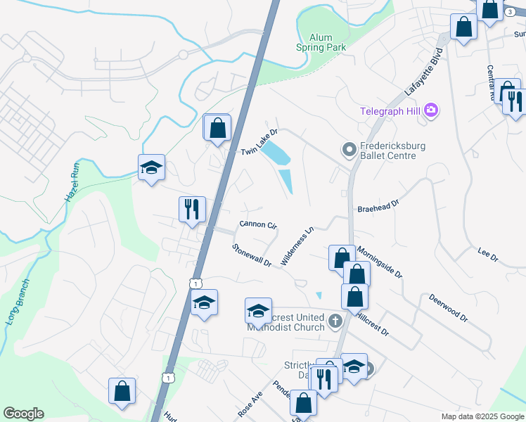 map of restaurants, bars, coffee shops, grocery stores, and more near 200 McConkey Street in Fredericksburg