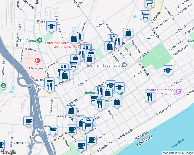 map of restaurants, bars, coffee shops, grocery stores, and more near 815 Meigs Avenue in Jeffersonville