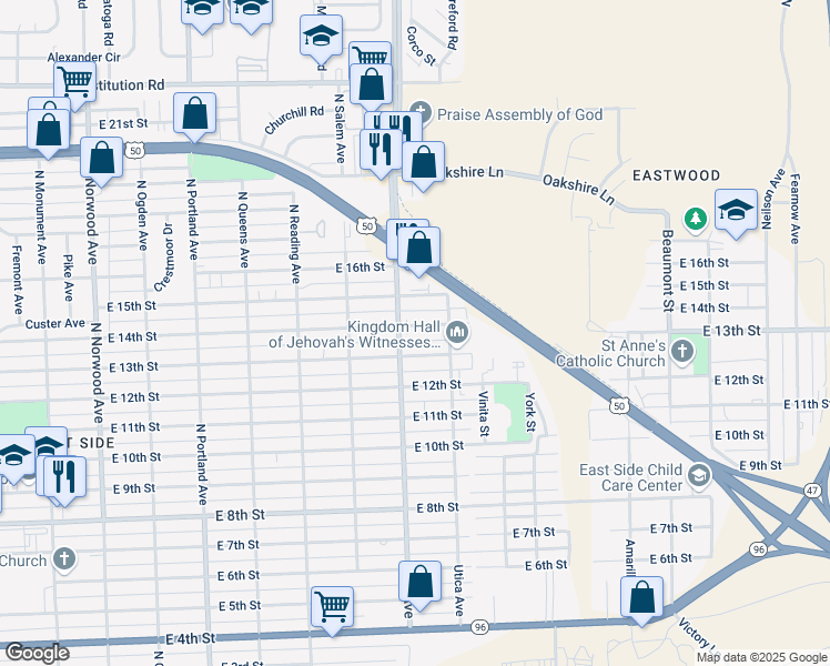 map of restaurants, bars, coffee shops, grocery stores, and more near 2113 13th Street in Pueblo