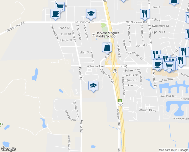 map of restaurants, bars, coffee shops, grocery stores, and more near 50 Village Parkway in Napa