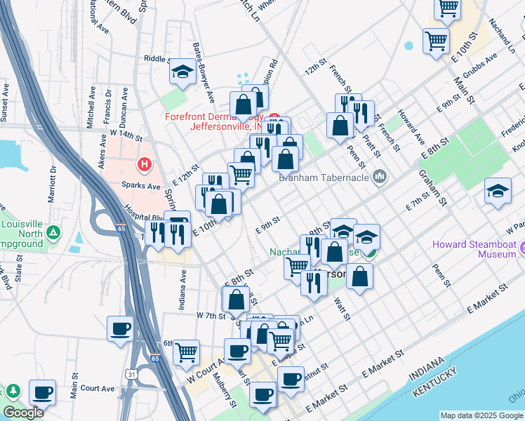 map of restaurants, bars, coffee shops, grocery stores, and more near 912 Walnut Street in Jeffersonville
