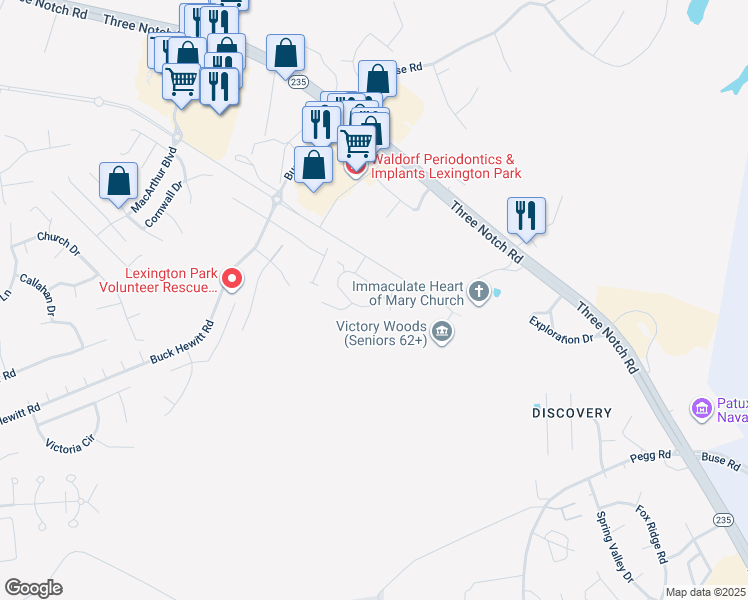 map of restaurants, bars, coffee shops, grocery stores, and more near 22243 Scott Circle in Lexington Park