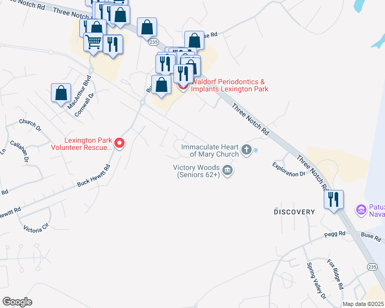 map of restaurants, bars, coffee shops, grocery stores, and more near 22243 Scott Circle in Lexington Park