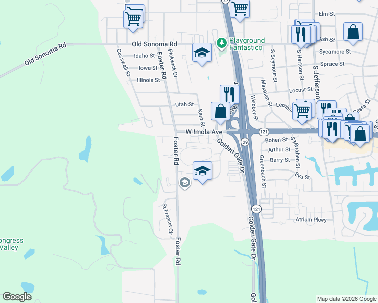 map of restaurants, bars, coffee shops, grocery stores, and more near 96 Village Parkway in Napa