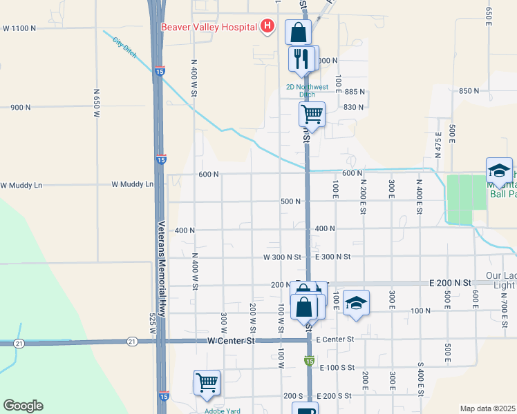 map of restaurants, bars, coffee shops, grocery stores, and more near 195 West 500 North Street in Beaver