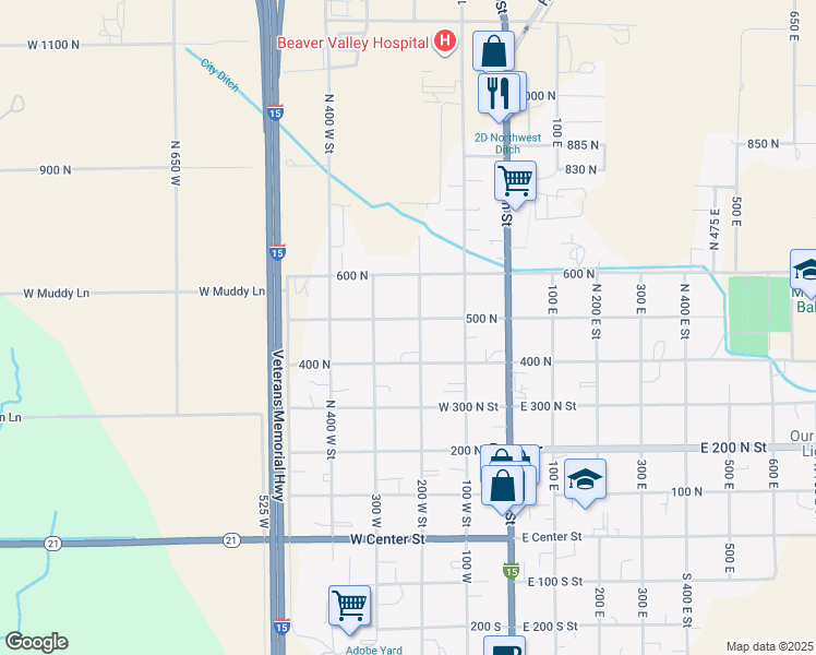 map of restaurants, bars, coffee shops, grocery stores, and more near 495 North 200 West Street in Beaver