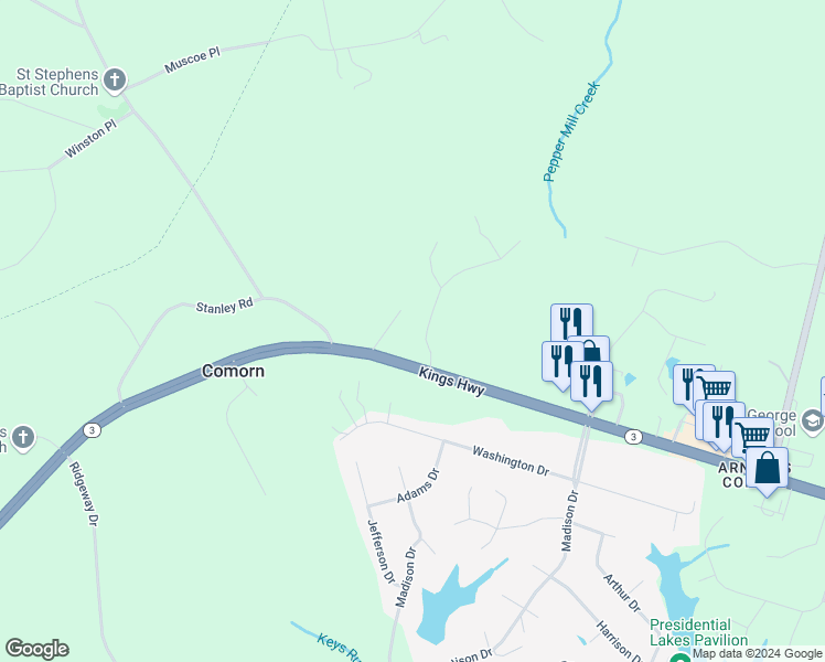 map of restaurants, bars, coffee shops, grocery stores, and more near 9440 Inaugural Drive in King George