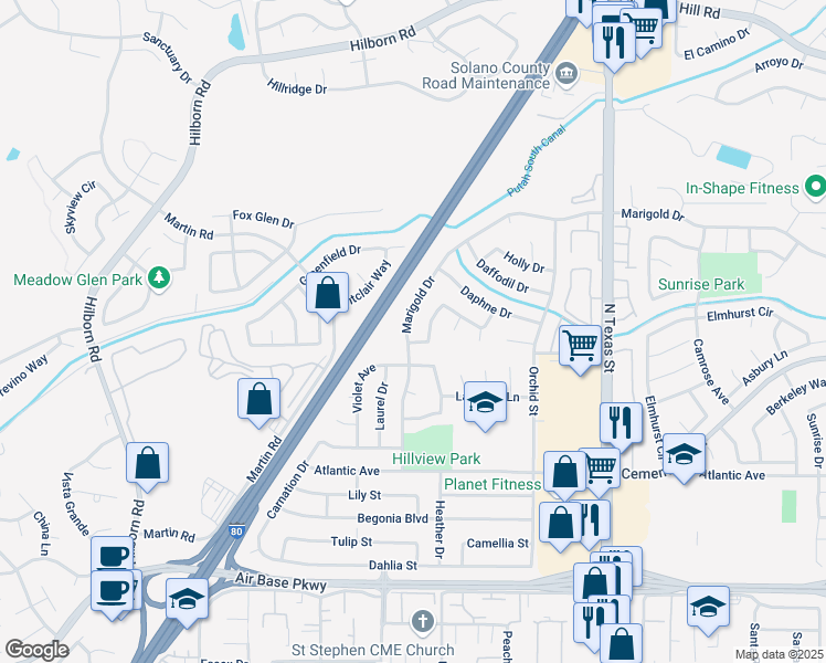 map of restaurants, bars, coffee shops, grocery stores, and more near 2812 Marigold Drive in Fairfield