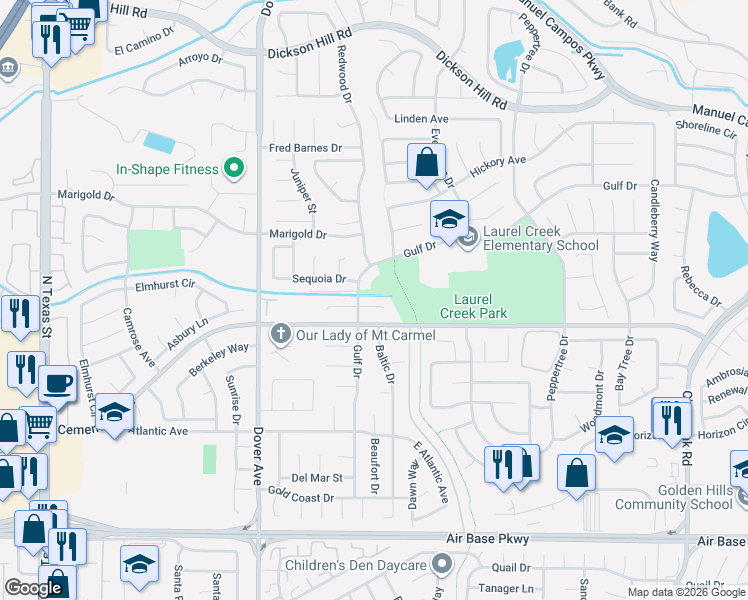 map of restaurants, bars, coffee shops, grocery stores, and more near 801 Briarwood Court in Fairfield