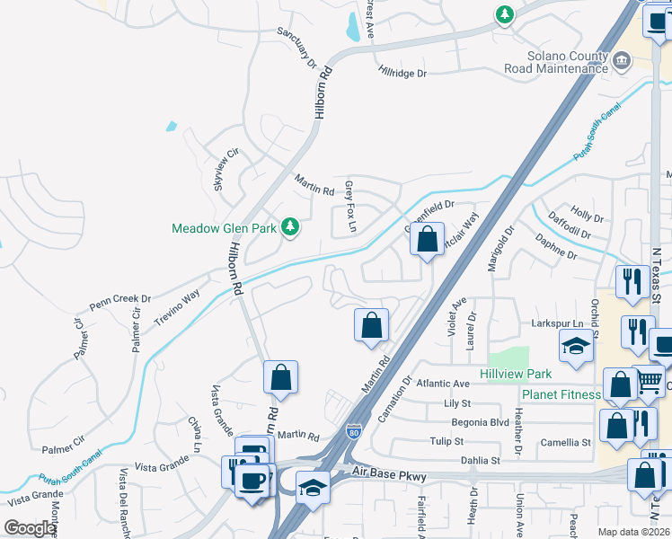 map of restaurants, bars, coffee shops, grocery stores, and more near 120 Goya Drive in Fairfield
