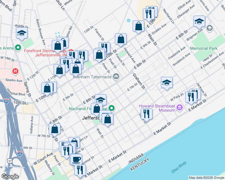 map of restaurants, bars, coffee shops, grocery stores, and more near 718 Mechanic Street in Jeffersonville