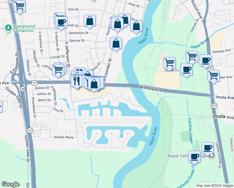 map of restaurants, bars, coffee shops, grocery stores, and more near 1003 Marina Drive in Napa