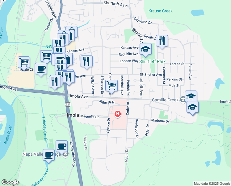 map of restaurants, bars, coffee shops, grocery stores, and more near 1100 Imola Avenue in Napa