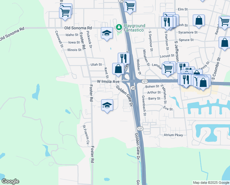 map of restaurants, bars, coffee shops, grocery stores, and more near 18 Golden Gate Circle in Napa