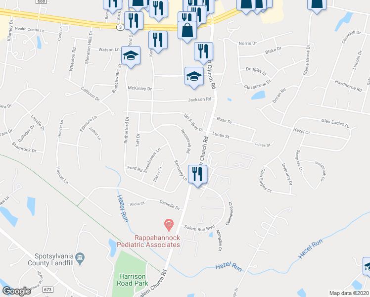 map of restaurants, bars, coffee shops, grocery stores, and more near 11728 Roosevelt Road in Fredericksburg
