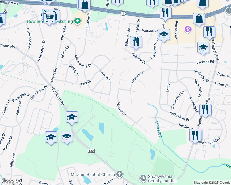 map of restaurants, bars, coffee shops, grocery stores, and more near 11726 Hoover Lane in Fredericksburg