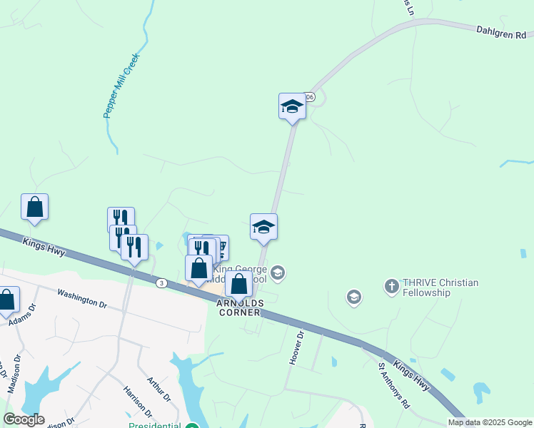 map of restaurants, bars, coffee shops, grocery stores, and more near 8355 Dahlgren Road in King George
