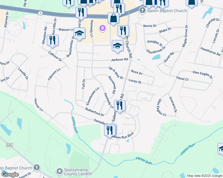 map of restaurants, bars, coffee shops, grocery stores, and more near 11728 Roosevelt Road in Fredericksburg