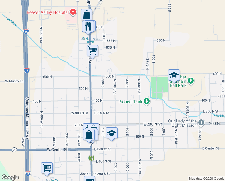 map of restaurants, bars, coffee shops, grocery stores, and more near 495 North 200 East Street in Beaver