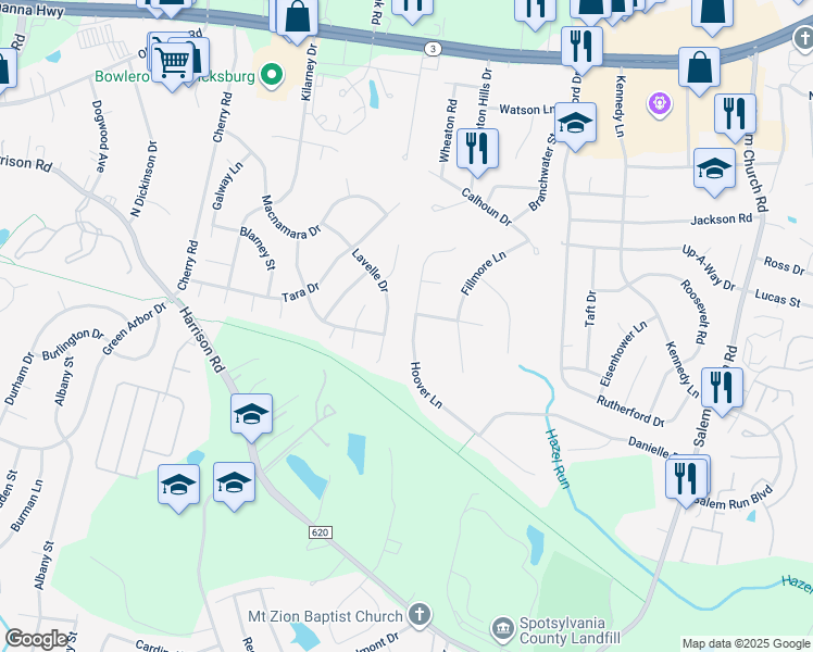 map of restaurants, bars, coffee shops, grocery stores, and more near 11726 Hoover Lane in Fredericksburg