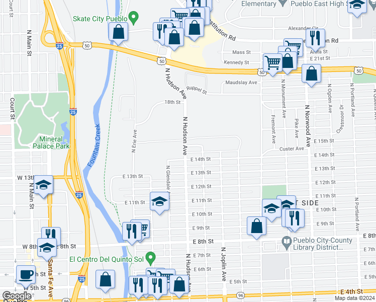 map of restaurants, bars, coffee shops, grocery stores, and more near 1420 North Hudson Avenue in Pueblo