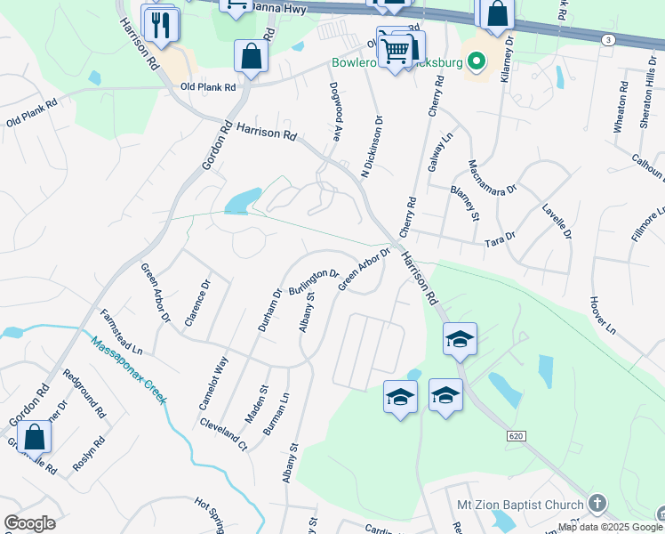 map of restaurants, bars, coffee shops, grocery stores, and more near 205 Burlington Drive in Fredericksburg