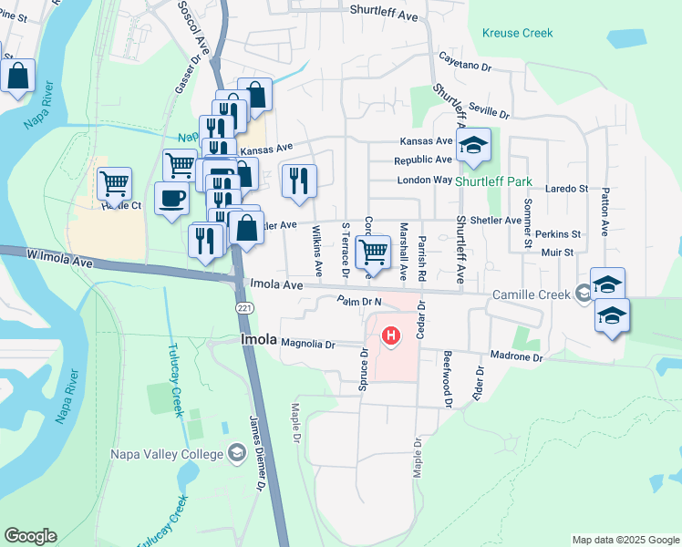map of restaurants, bars, coffee shops, grocery stores, and more near 2163 South Terrace Drive in Napa