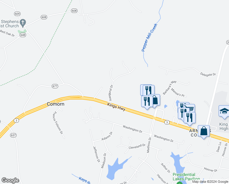 map of restaurants, bars, coffee shops, grocery stores, and more near 9421 Inaugural Drive in King George