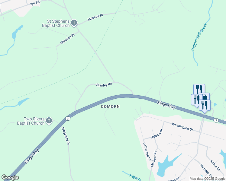 map of restaurants, bars, coffee shops, grocery stores, and more near 7104 Stanley Road in King George