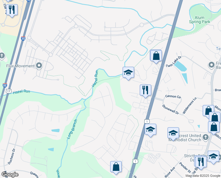 map of restaurants, bars, coffee shops, grocery stores, and more near 11805 Harris Mill Court in Fredericksburg