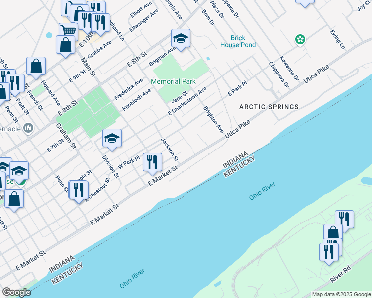 map of restaurants, bars, coffee shops, grocery stores, and more near in Jeffersonville
