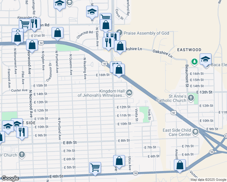 map of restaurants, bars, coffee shops, grocery stores, and more near 2036 East 15th Street in Pueblo
