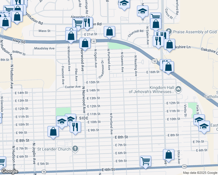 map of restaurants, bars, coffee shops, grocery stores, and more near 1503 North Portland Avenue in Pueblo