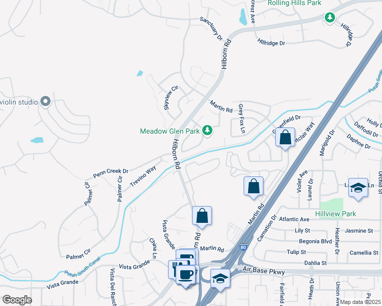 map of restaurants, bars, coffee shops, grocery stores, and more near 2760 Hillview Drive in Fairfield