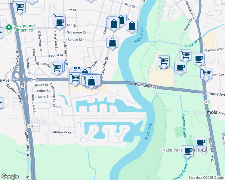 map of restaurants, bars, coffee shops, grocery stores, and more near 1040 Marina Drive in Napa