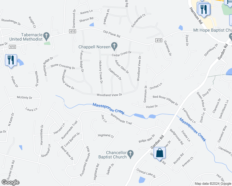 map of restaurants, bars, coffee shops, grocery stores, and more near 11804 Woodland View Drive in Fredericksburg
