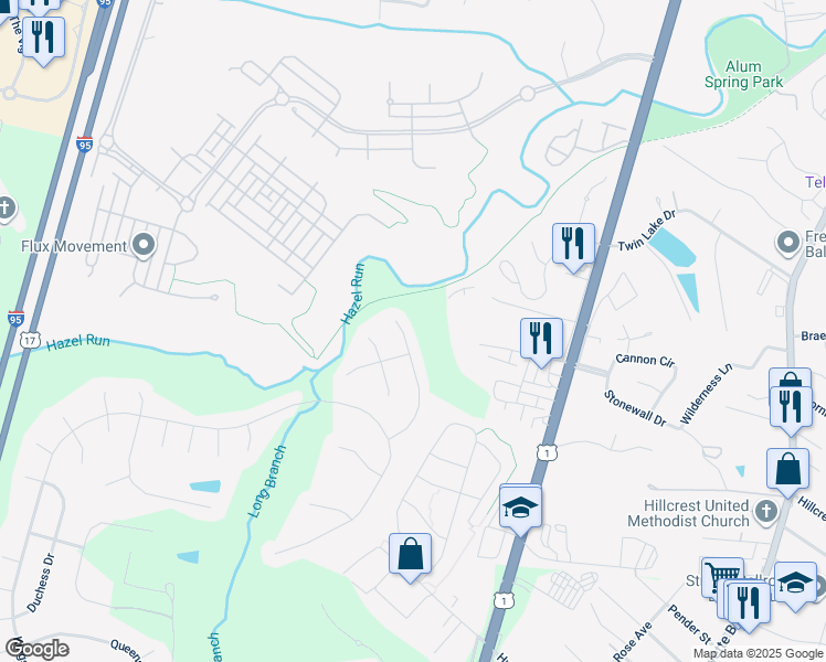 map of restaurants, bars, coffee shops, grocery stores, and more near 11805 Harris Mill Court in Fredericksburg