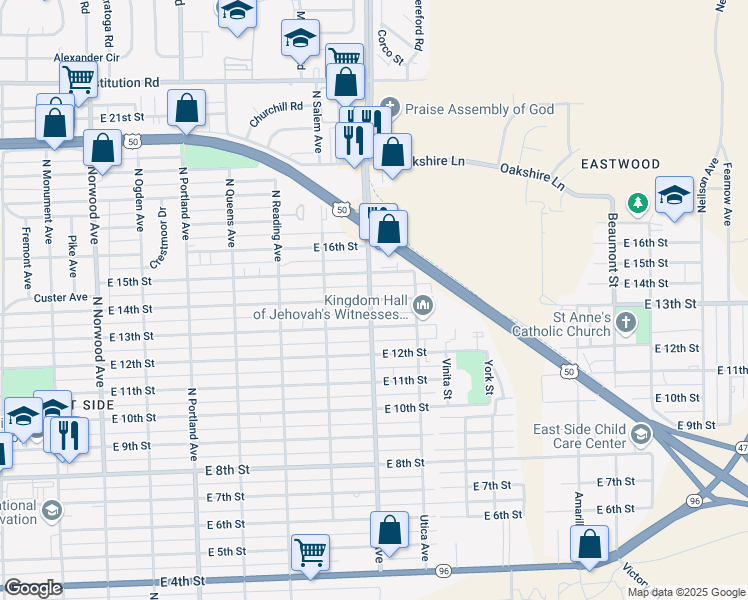 map of restaurants, bars, coffee shops, grocery stores, and more near 2103 East 14th Street in Pueblo