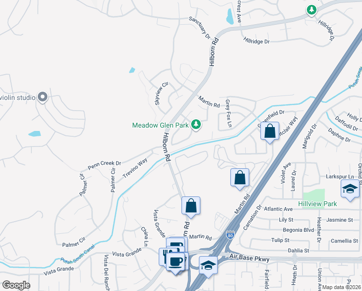 map of restaurants, bars, coffee shops, grocery stores, and more near 2760 Hillview Drive in Fairfield