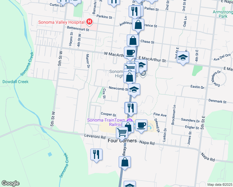 map of restaurants, bars, coffee shops, grocery stores, and more near 1135 Beasley Way in Sonoma