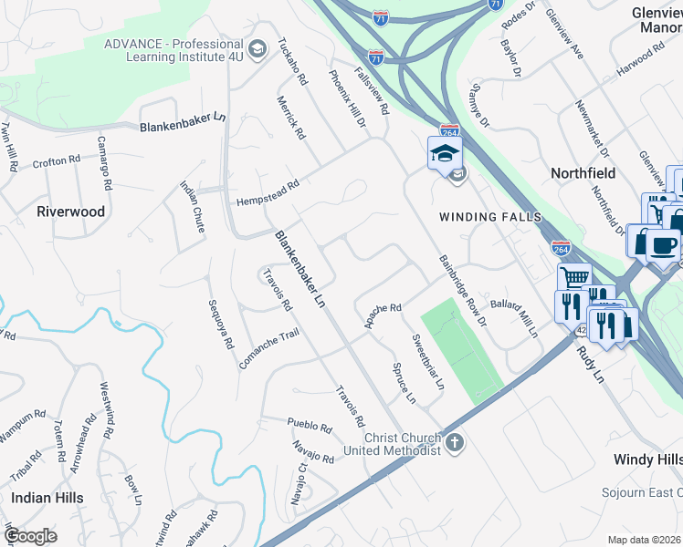 map of restaurants, bars, coffee shops, grocery stores, and more near 212 Daleview Lane in Louisville